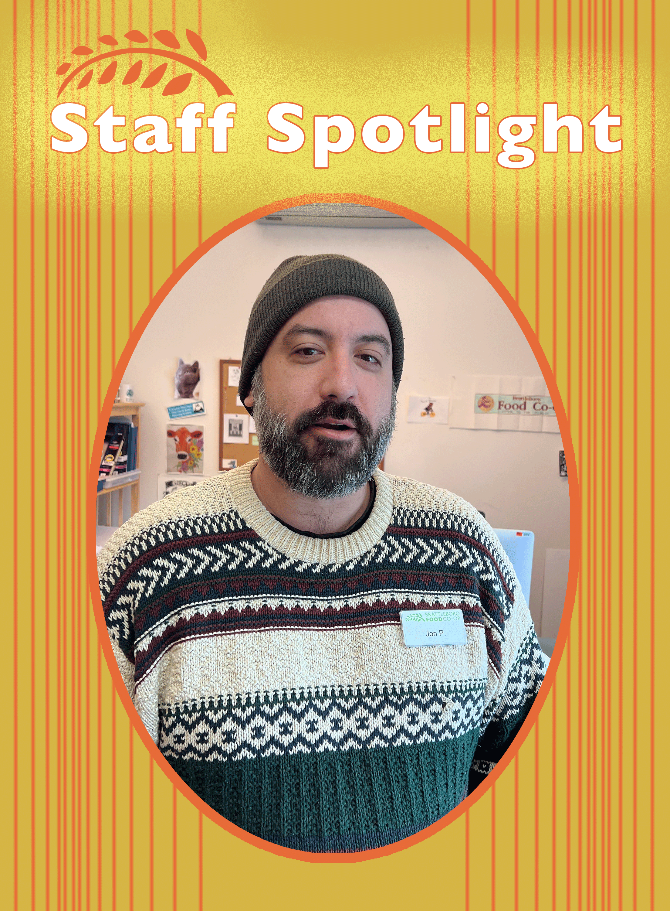 A picture of a bearded man in a sweater in his late thirties framed by a gold oval that says "staff spotlight"